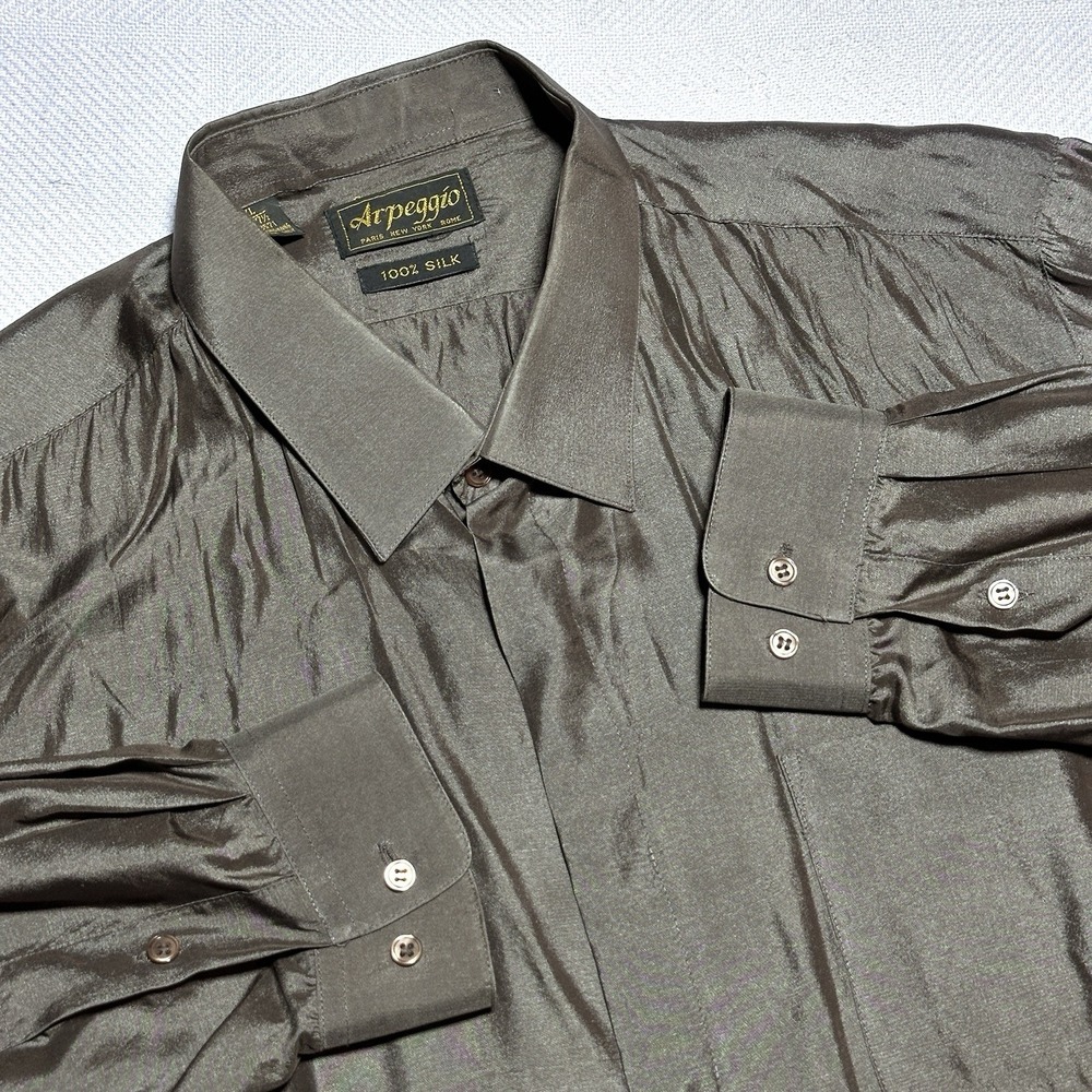 Vintage Arpeggio Button Up Shirt Mens XL Brown 100% Silk Luxury Long Sleeve